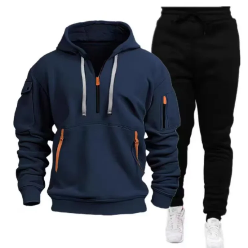 2024 Otoño/Invierno nueva moda para hombres Casual Multi bolsillo cremallera deportes Sudadera con capucha conjunto Color sólido cómodo conjunto de dos piezas