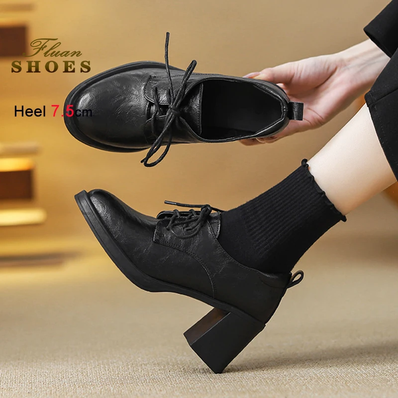 

British style Chunky High Heel Black Lace-up Single Shoes For Woman PU Leather Shoes 7.5CM Spring Autumn Strappy Women's Pumps