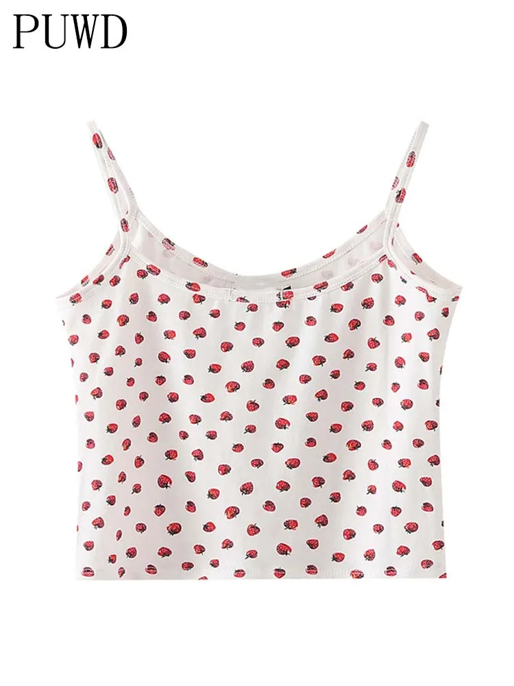 PUWD Casual Women Tank 2022 Summer Fashion Ladies Falsie Slim Patchwork Top Female Chic Strawberry Print Soft Cotton Tops