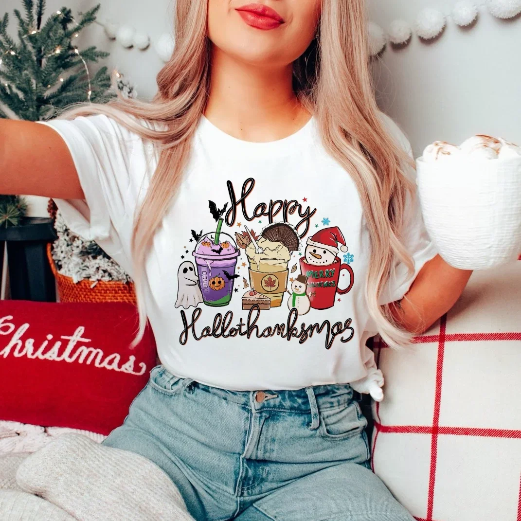 Watercolor Style Cute Coffee Cup Short Sleeved Top Fashionable Women's Printed Christmas and New Year's Happy Printed Pattern T-