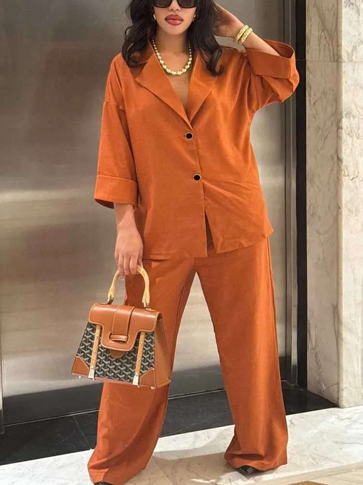 

2 Pieces Set for Woman Loose Fit Shirt Blouse and Pants Set Orange Summer Outfits Elegant Casual Set Wholesale Dropshipping