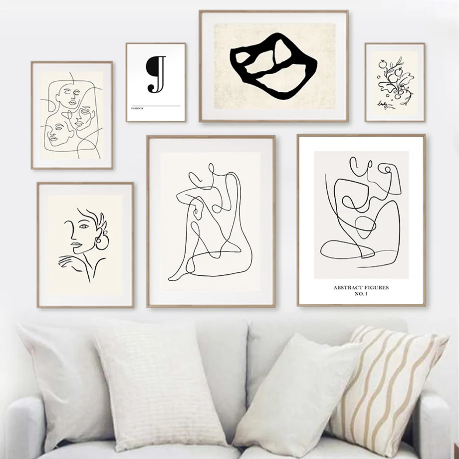 1pc frameless Canvas Painting Minimalist Abstract Line Canvas Wall Art Modern Black White One Line Drawing Poster Prints Boho Ae
