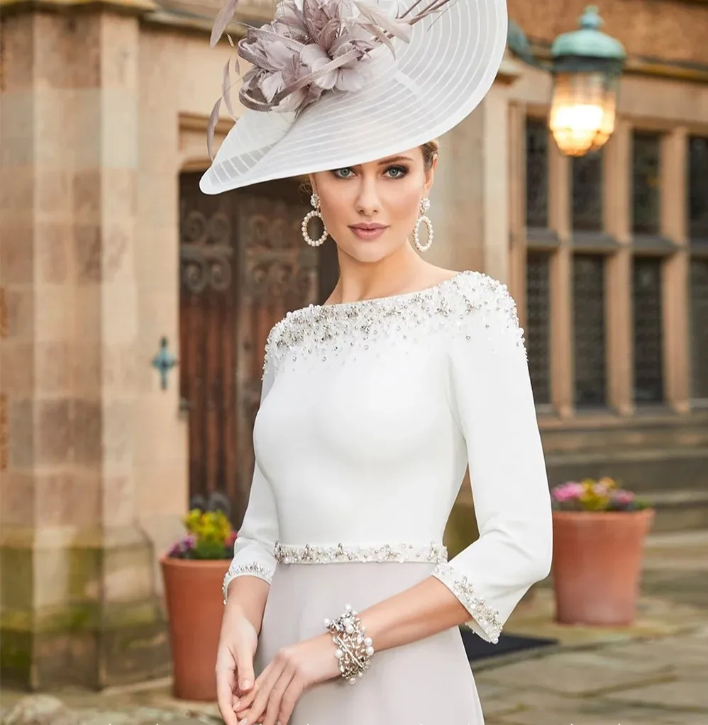 

Elegant Mother of The Bride Dress 2026 Boat Neck Beadings Pearls 3/4 Sleeves A Line Satin Tea Length Wedding Guest Party Gown