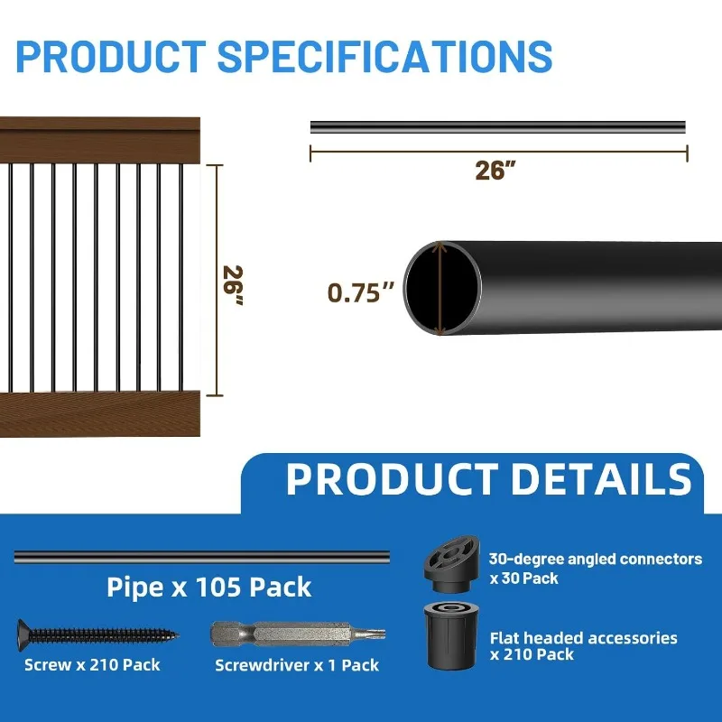 105 Pack 26 Inch Aluminum Balusters For Deck Railing,Black Round Metal Spindles For Staircase,3/4