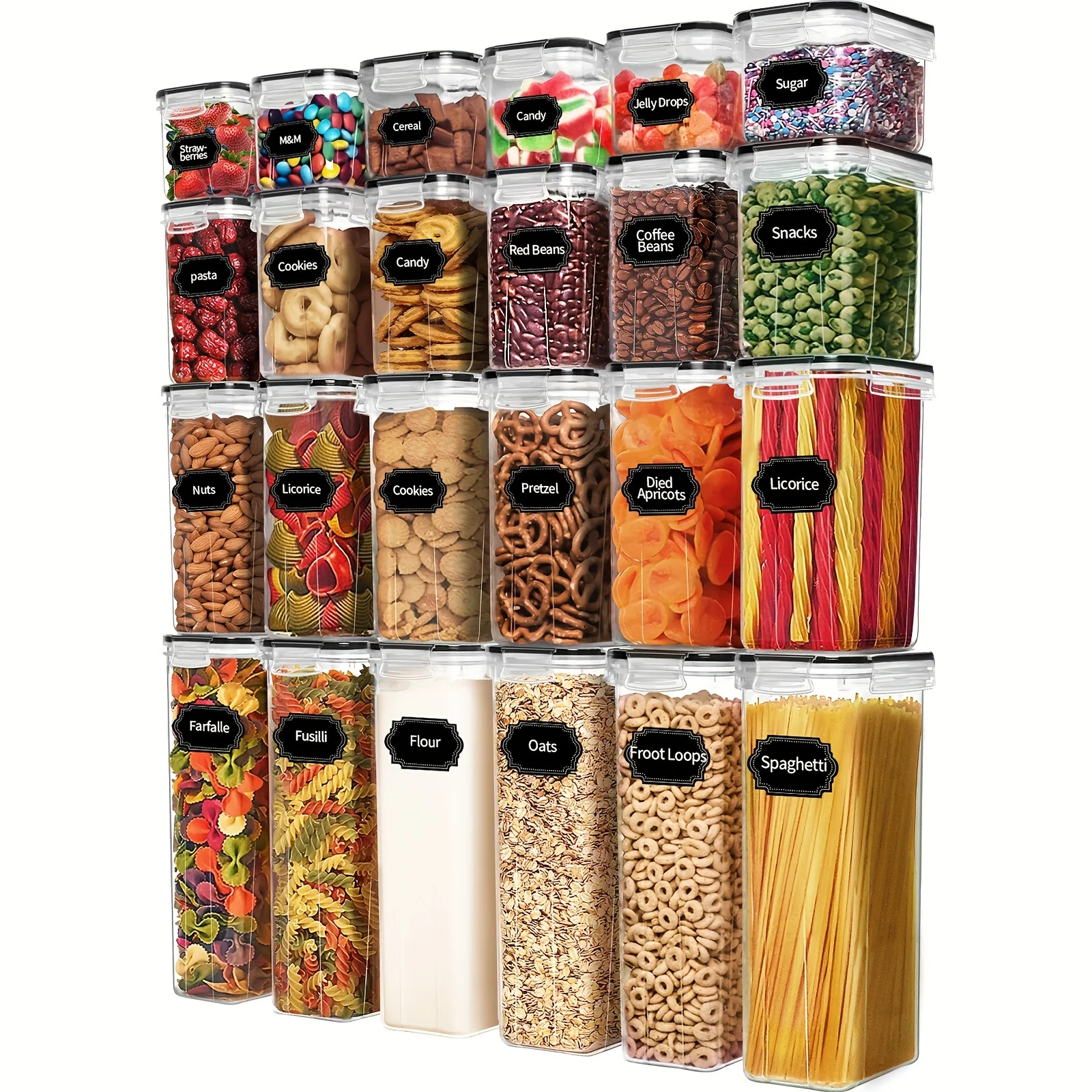 Juego de contenedores herméticos para almacenamiento de alimentos, 24 piezas, botes de plástico sin BPA para organización de despensa de azúcar, harina de cereales con 40 etiquetas