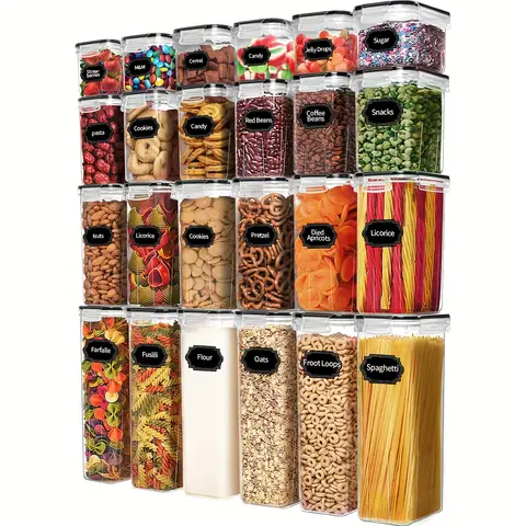 24 पीस एयरटाइट फ़ूड स्टोरेज कंटेनर सेट, अनाज आटा चीनी पेंट्री ऑर्गनाइज़ेशन के लिए BPA-मुक्त प्लास्टिक कनस्तर, 40 लेबल के साथ 8 best sales रसोई कनस्तर सेट - №1