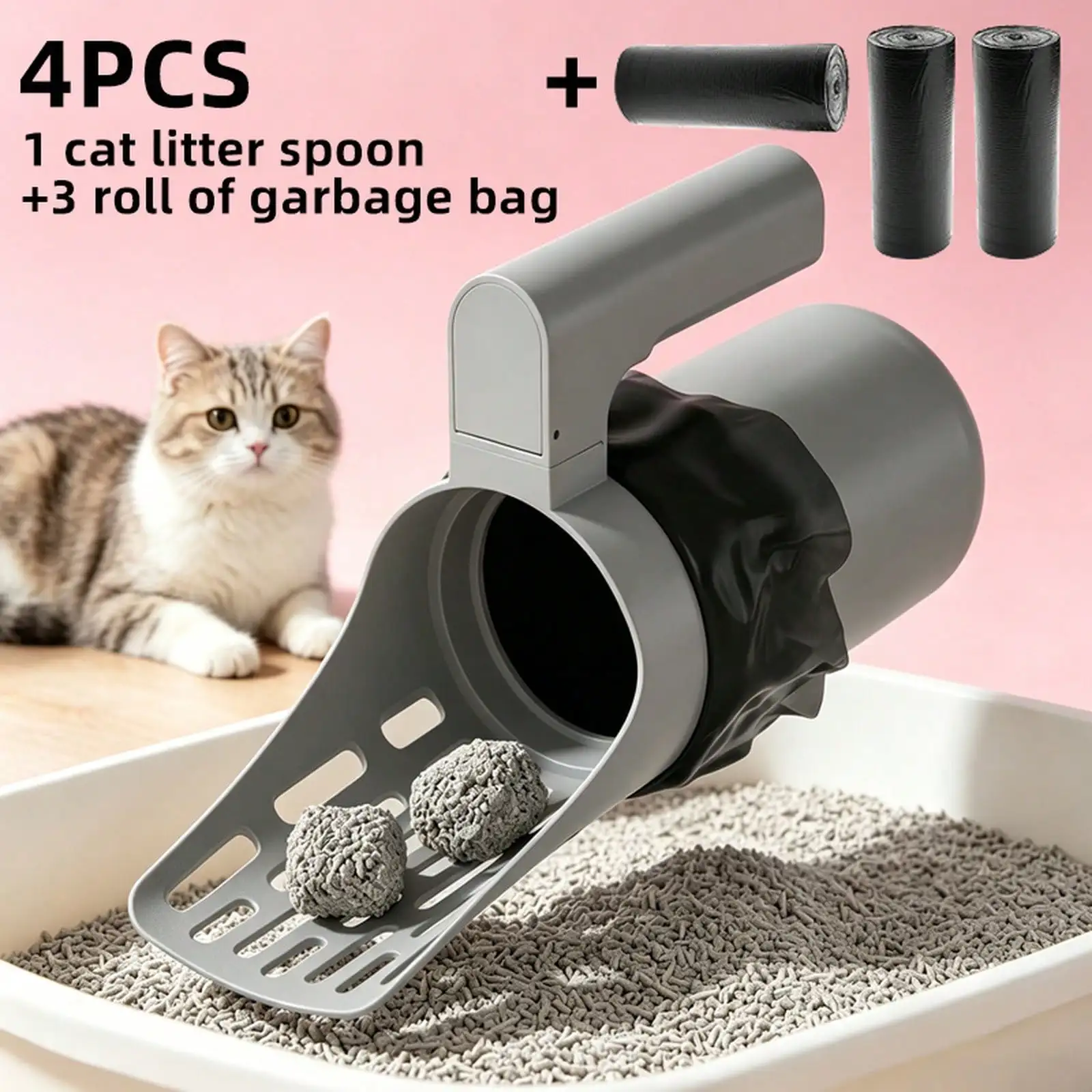 Household Pet Cleaning Supplies Detachable Cat Litter Scoop With Built-In Waste Bags, Labor-Saving Cat Poop Picker, Multi-Scenario Sanitation Tool For Indoor Adult Cats & Kittens Litter Box Daily Cleanup