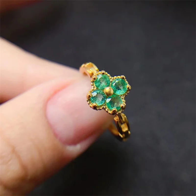 Natural Sapphire Ring Clover 925 Silver 18K Yellow Gold Plated Emerald Simple Women Adjustable Size Ring with Certificate