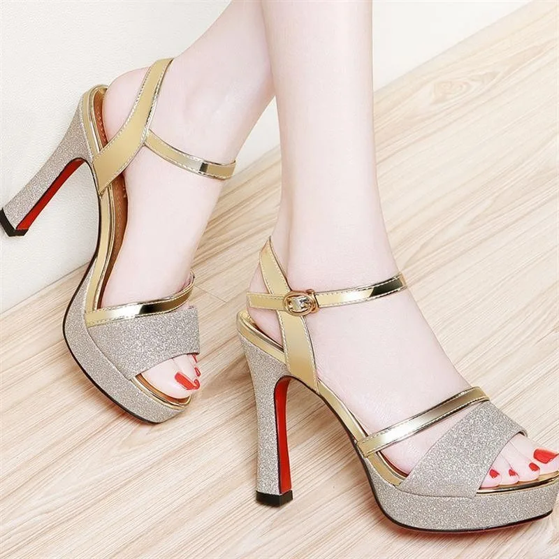 Comemore Silver Heeled Shoes Woman Peep Toe Sexy Women Sandals 11.5CM High Heels Shoes Women Platform Casual Sandalias De Mujer