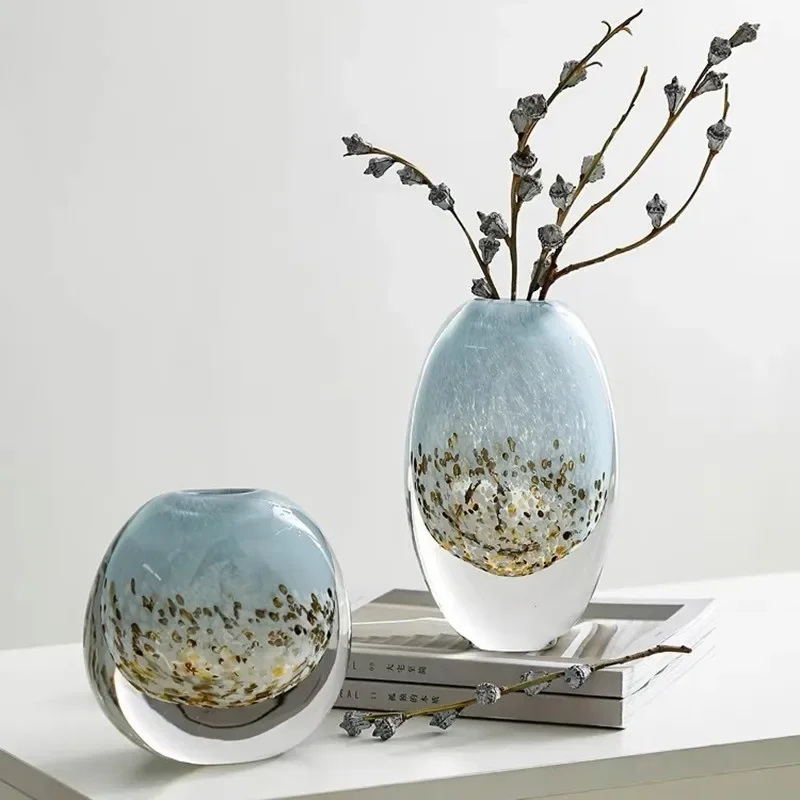 Gradient Sprinkled Gold Round Glass Vase, Flower Arrangement, Hydroponic Vase, Glass Container, Living Room Decoration Ornament