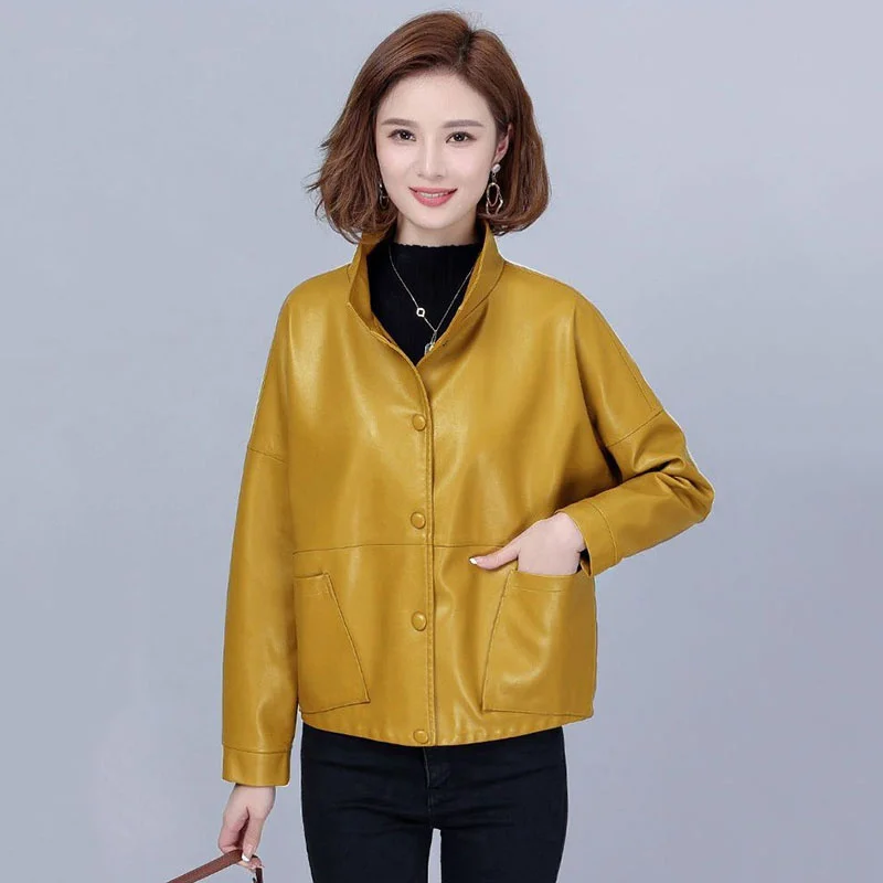 Jaket kulit domba wanita, Luaran longgar Semua cocok kulit PU imitasi, mantel pendek Musim semi musim gugur 4XL