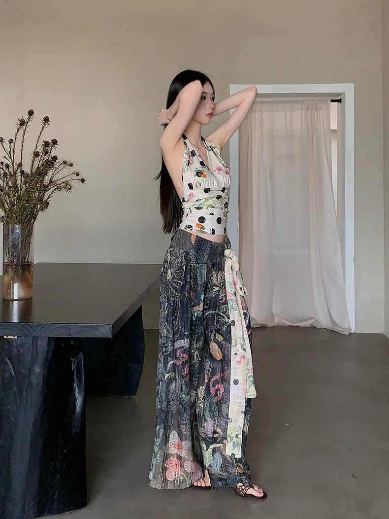 CHEERART Fruit And Flower Polka Dot Backless Top And Pant Summer 2 Pieces Set For Woman Beach Club Outfit New In Matching Set