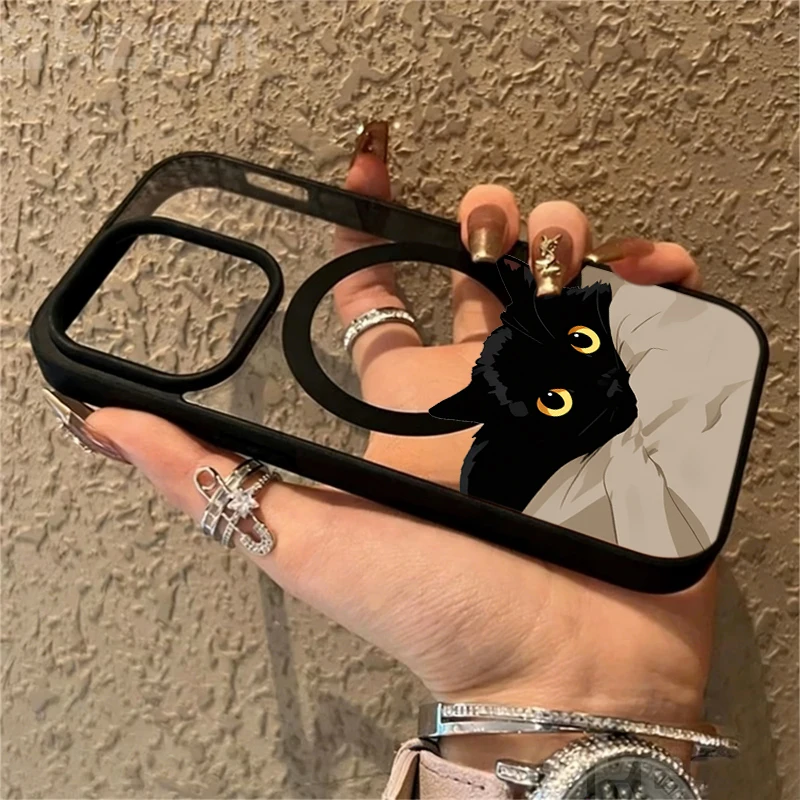 Niedliche Schwarze Katze Ästhetische Transparente Hülle für iPhone 17 16 11 12 15 Pro Max 13 14 Plus Hüllen für Magsafe Kabelloses Laden Drop Cover – Detail 2