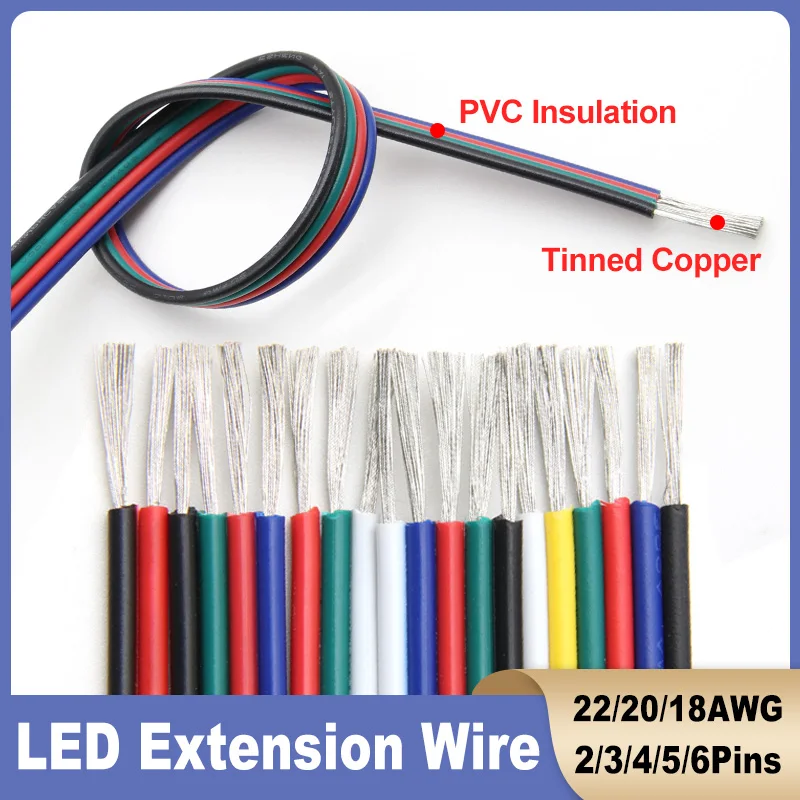 2-50m Tinned Copper Electrical Wires 2-3-4-5-6Pin PVC Insulated Cable for LED Strip Light 300V Extension Wire 18AWG/20AWG/22AWG