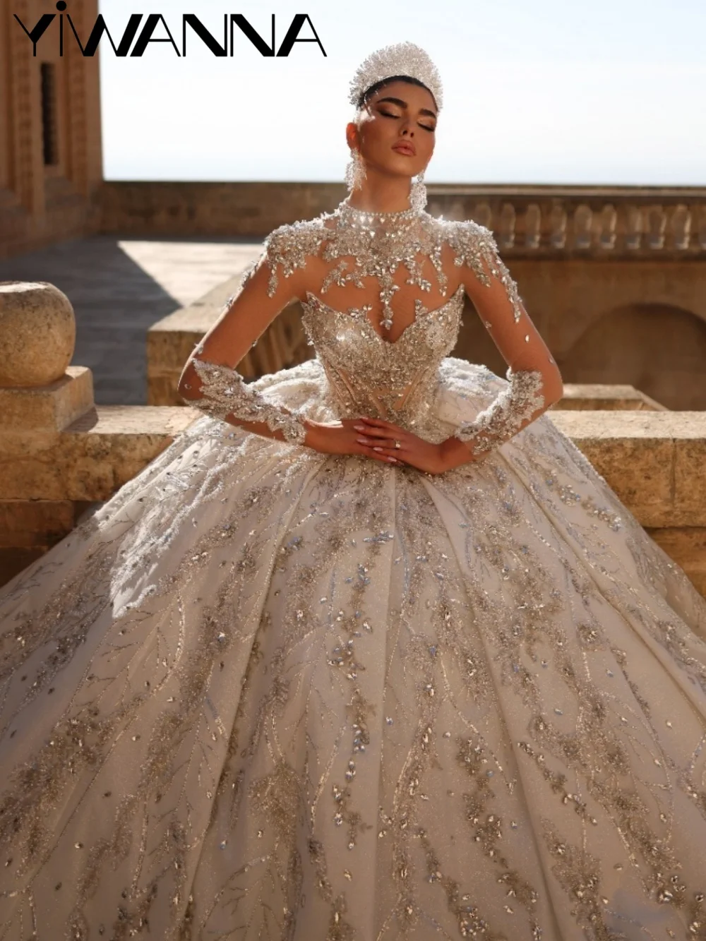 Silver Crystal Embroidery Wedding Dress Dreamy High Collar Long Sleeved Bridal Gown New Customized Exquisite Dresses For Bride