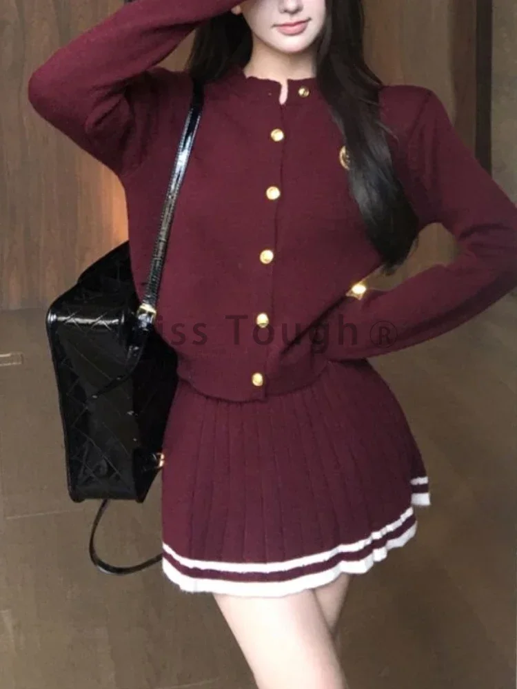 Preppy Style Elegant Knit Skirt Suit Women Sweet Red Long Sleeved Sweater Pleated Skirt Fashion New Two Piece Set Autumn Winter