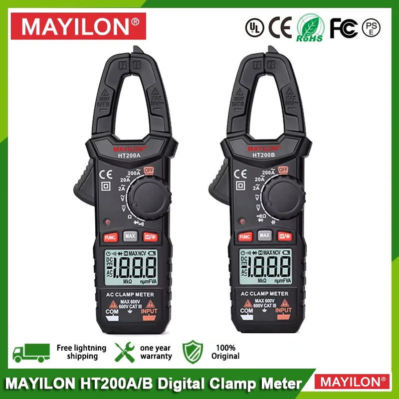 MAYILON HT200A HT200B Digital Clamp Meter 2000 Counts Multimeter AC/DC Voltage Tester Auto-ranging Current Capacitance Voltmeter