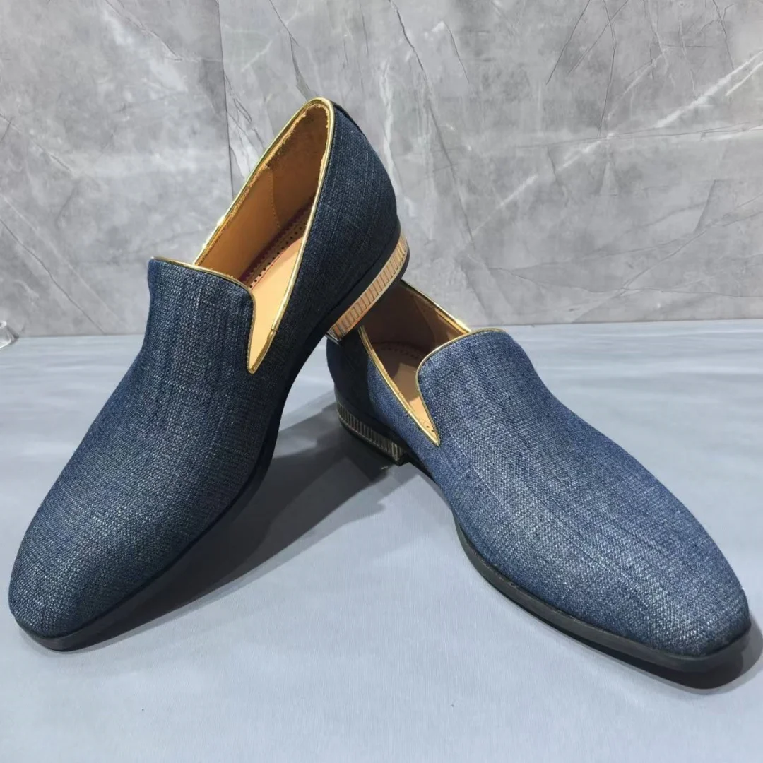 

Blue Denim Leather Men’s Single Shoes Black Flannel Velvet Flats Male Square Toe Red Sole Metal Chunky Low Heels Business Style