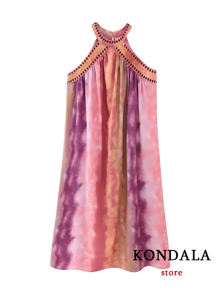 KONDALA Vintage Print Tie Dye Sequined Fashion 2023 Sleeveless Women Vintage Cross Halter Folk Holiday Oversized Mujer Vestido