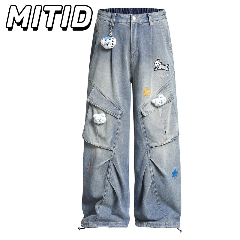 Hip Hop Streetwear Denim Trousers Men Puppy Embroidery Multi-pockets Denim Pants Men Casual Straight Wide Leg Pants Women