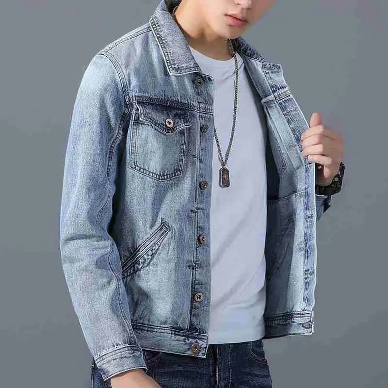 

Весенне-осенняя мужская джинсовая куртка, повседневная универсальная Sli из смеси хлопка и полиэстера, длинная верхняя одежда на пуговицах, пальто