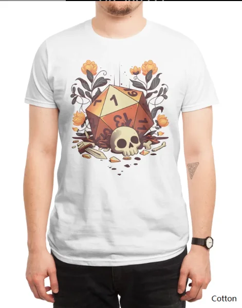 تي شيرت قطني فريد من نوعه مستوحى من آر بي جي برقبة دائرية يظهر تصميمًا حيويًا لزهور النرد والجمجمة والقطع المكسورة رائعًا