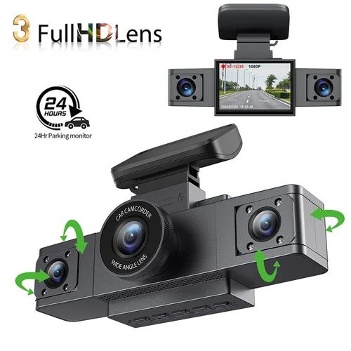 Imagen 1 del producto Cámara de salpicadero de 3 canales, grabadora de vídeo, cámara de tres lentes para coche con visión trasera DVR, Monitor de estacionamiento 24H, caja negra, accesorios para coche