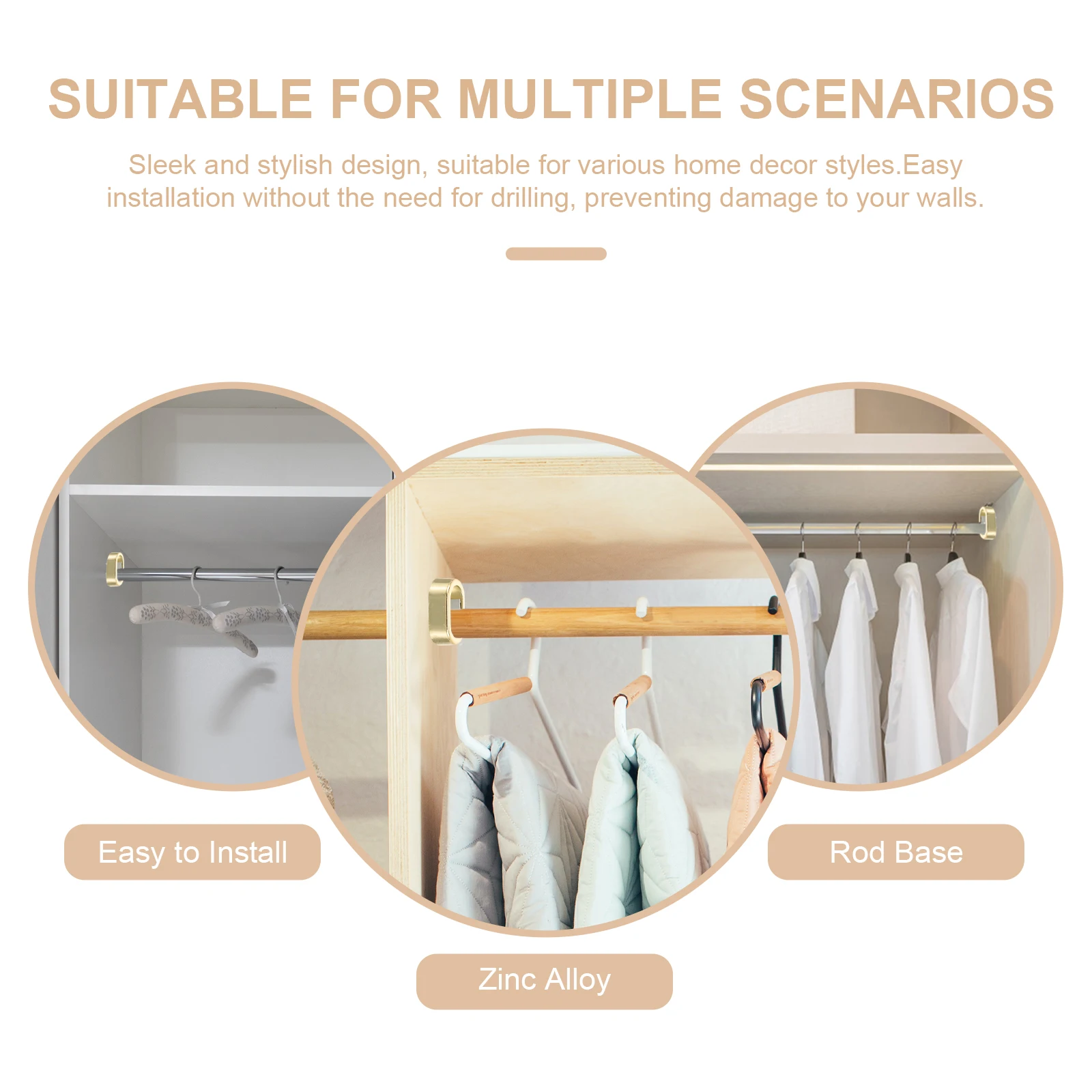 

2Pcs Closet Rod Bracket Zinc Alloy No Drill Installation Heavy Duty Clothes Hanging Support for Pants Ties Garments Closet Bar