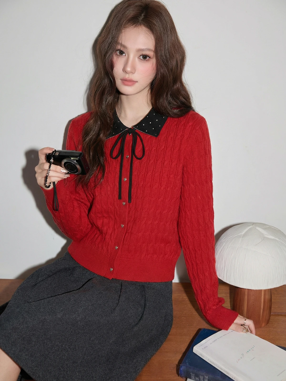 

Красный вязаный кардиган-свитер для женщин, зимний модный дизайн, для праздников весны, мягкий, длинный, с узлом