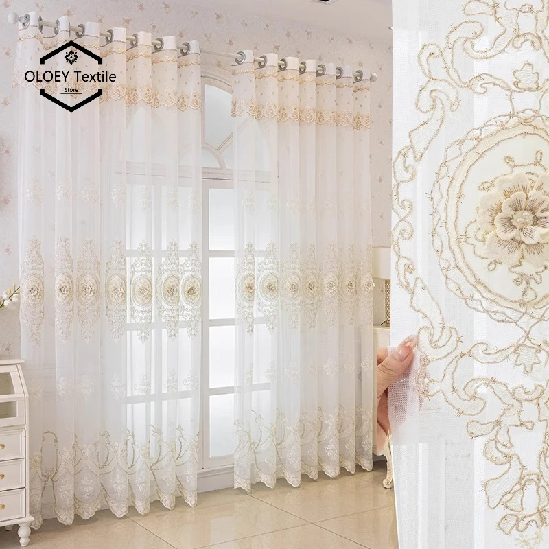 Luxury European Style 3D Embossed Sheer Curtains for Living Room Bedroom Light Filtering Breathable Embroidered Drapes Custom