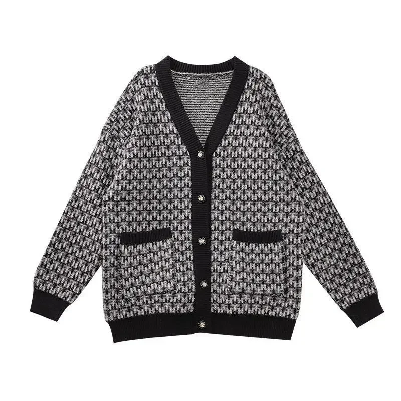 Women\'s Sweater Cardigan Knit Tops for Woman Black Plaid Korean Style Clothing 2024 New Collection Tricot Blouse Y2k Vintage 90s