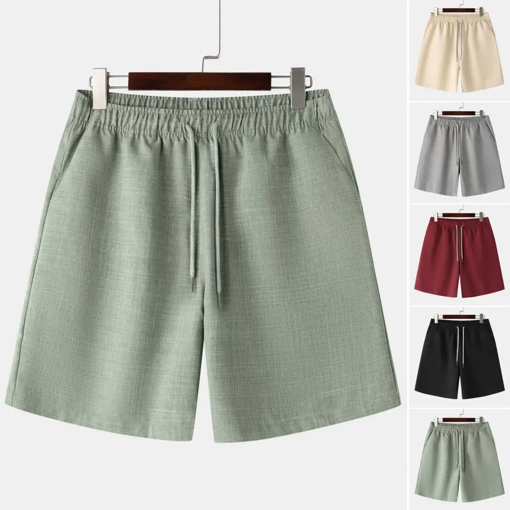 Shorts atlético de cordão masculino com bolsos, cintura elástica confortável, shorts de praia, casual esportivo de verão, sólido