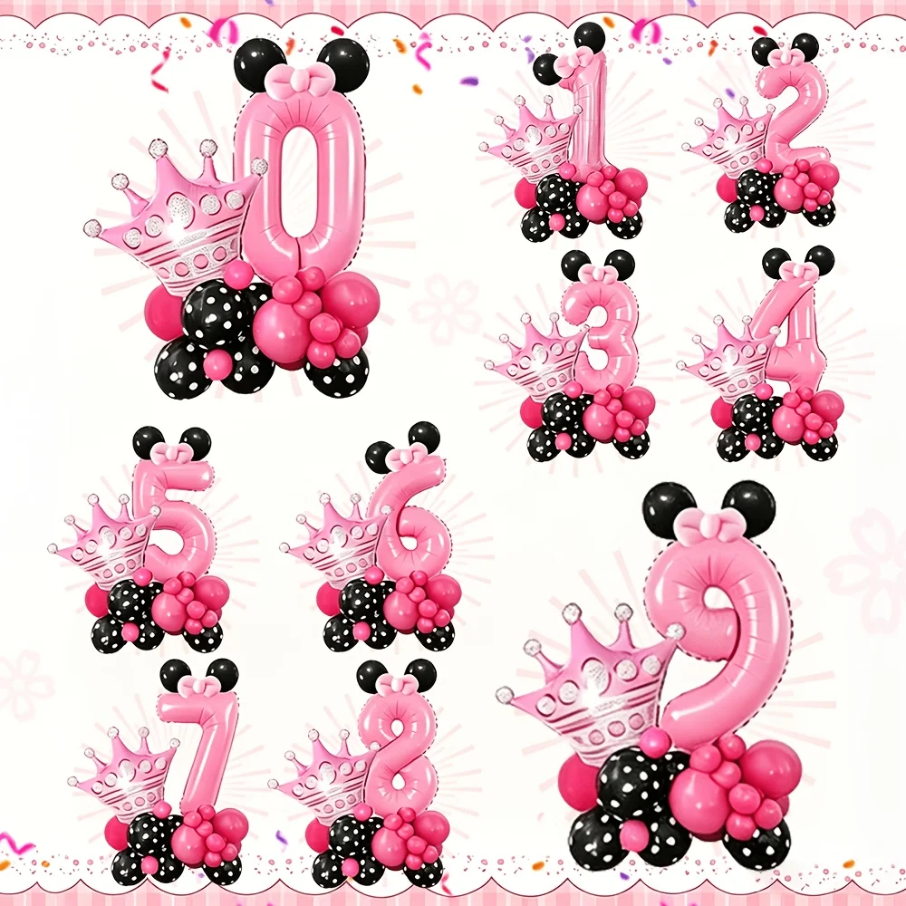 33pcs 32-Inch Pink Black Number Balloons, Self-Sealing Foil Latex 0-5, Hot Pink Crown for Birthday Wedding Shower Decor Set