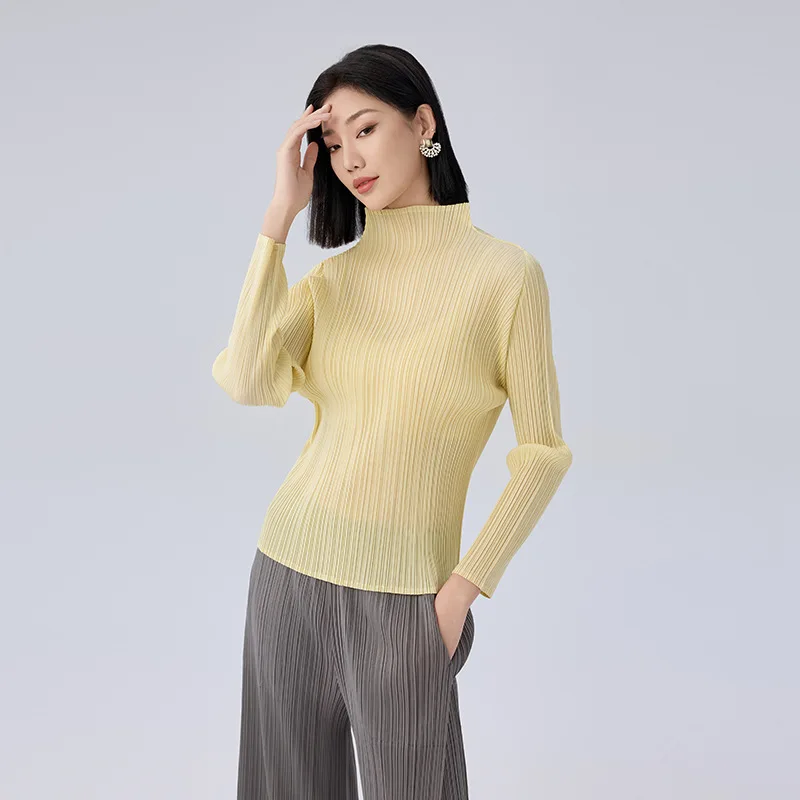 Miyake Pleated Women Shirt Tops High Fashion Designer New Aesthetic Clothing Comfortable Causal Long Sleeve Turtleneck T-shirt