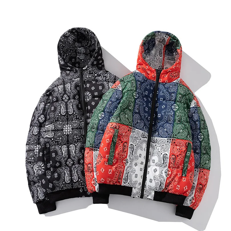 Winter Jacket Men Bandana Print Patchwork Cotton Padded Coat Thick Warm Hooded Varsity College University Outerwear New 2024