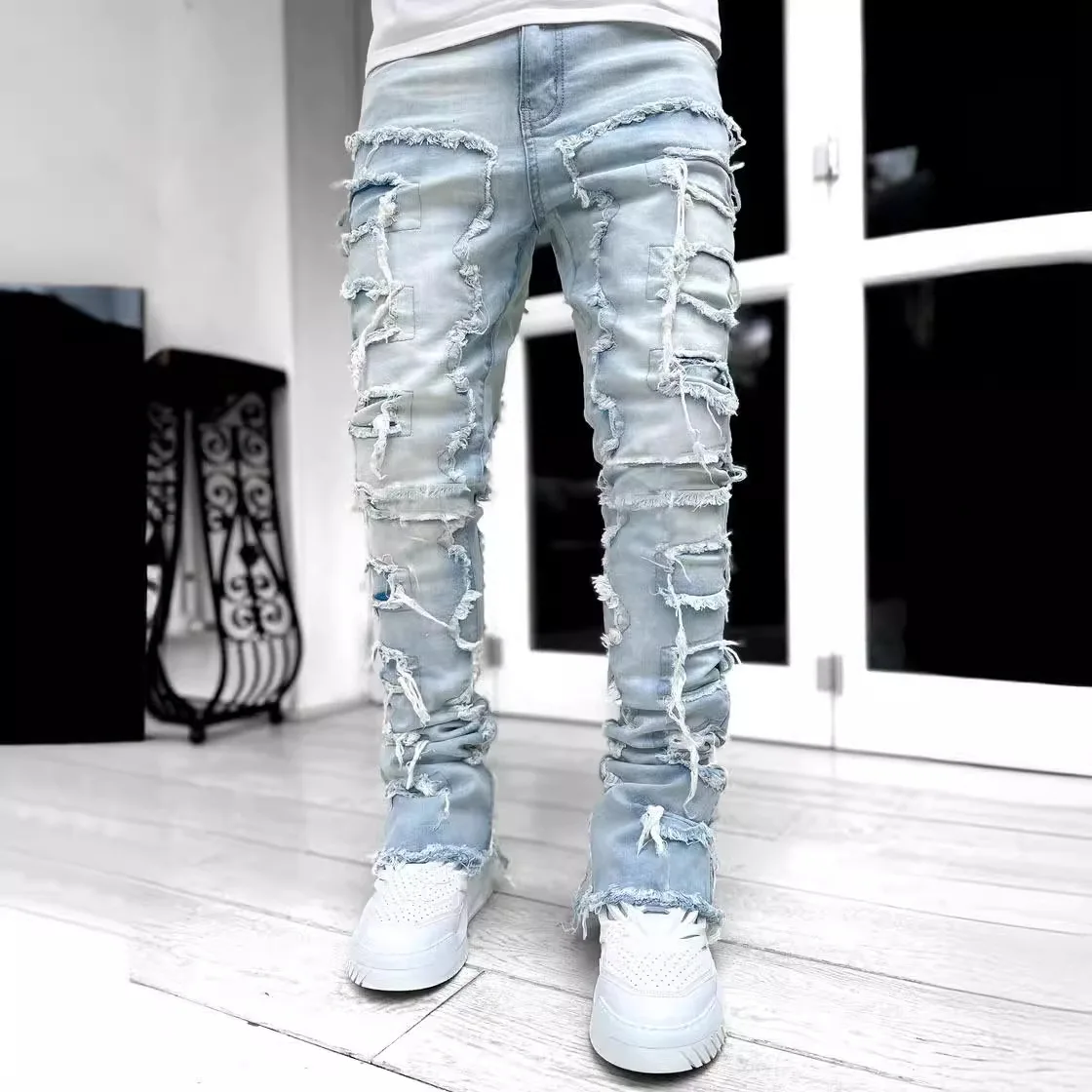 New men's denim straight leg pants, European and American street fashion Instagram popular elastic patch pants