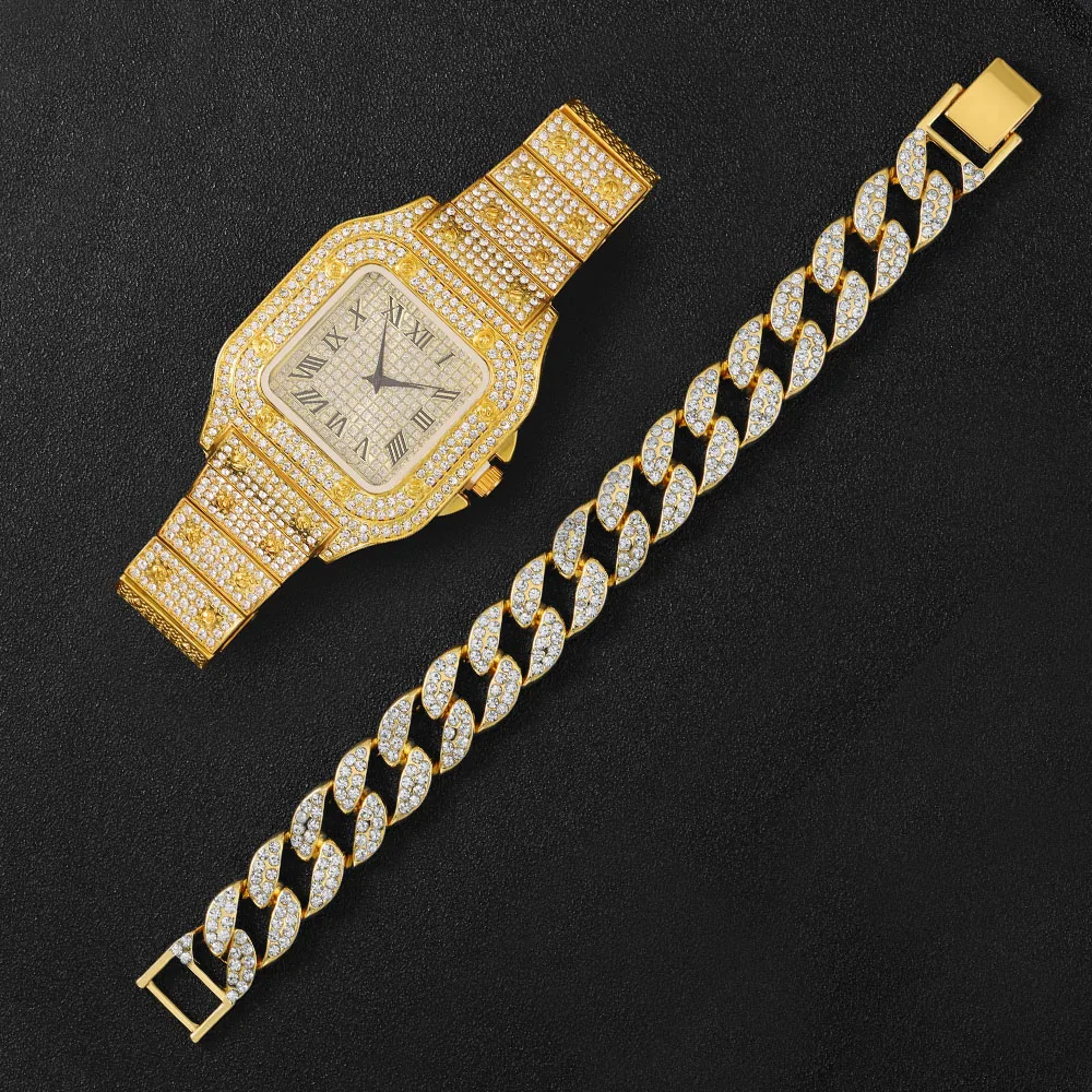 

Full Iced Out Watch for Men Bling Miami Cuban Chain Bracelet Iced Out Watches Men Hip Hop Watch Luxury Gold Watch Women Relojes