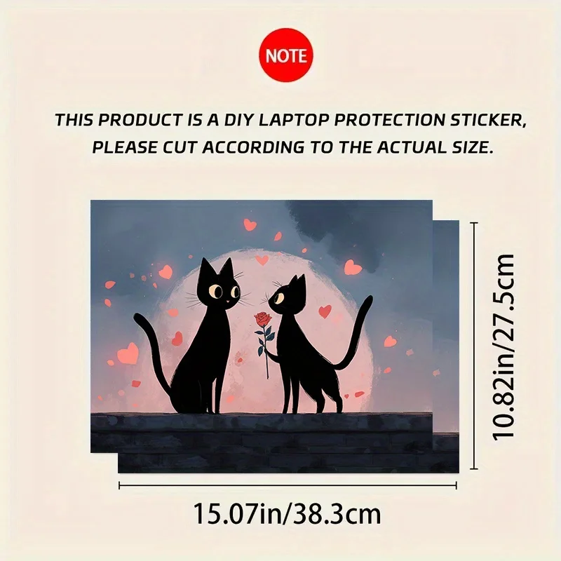 2 Cute Black Cat and Pink Rose Laptop Stickers - Scratch Resistant PVC Cover with Kitten and Heart Design, Pink Bow, For HP,Dell