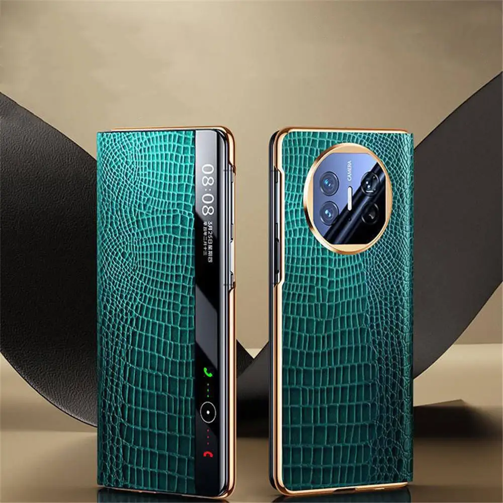 Genuine Cowhide Leather Crocodile Flip Case for Huawei Mate X6 X5 X3 XT Smart Window View Cover