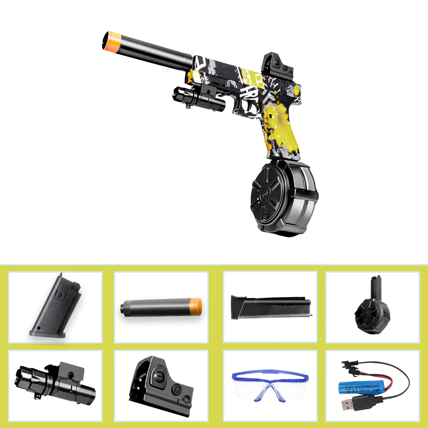 Pistola giocattolo con sfera in gel, scoppio elettrico e modalità single-shot manuale, viene fornita con tre riviste, batteria ricaricabile, elettro esterno