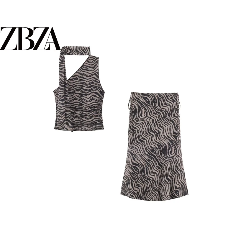 Animal Print Scarf Top And Midi Skirt Set Women's Fashion Autumn Collection Brand New Two-Piece Ensemble for Ladies