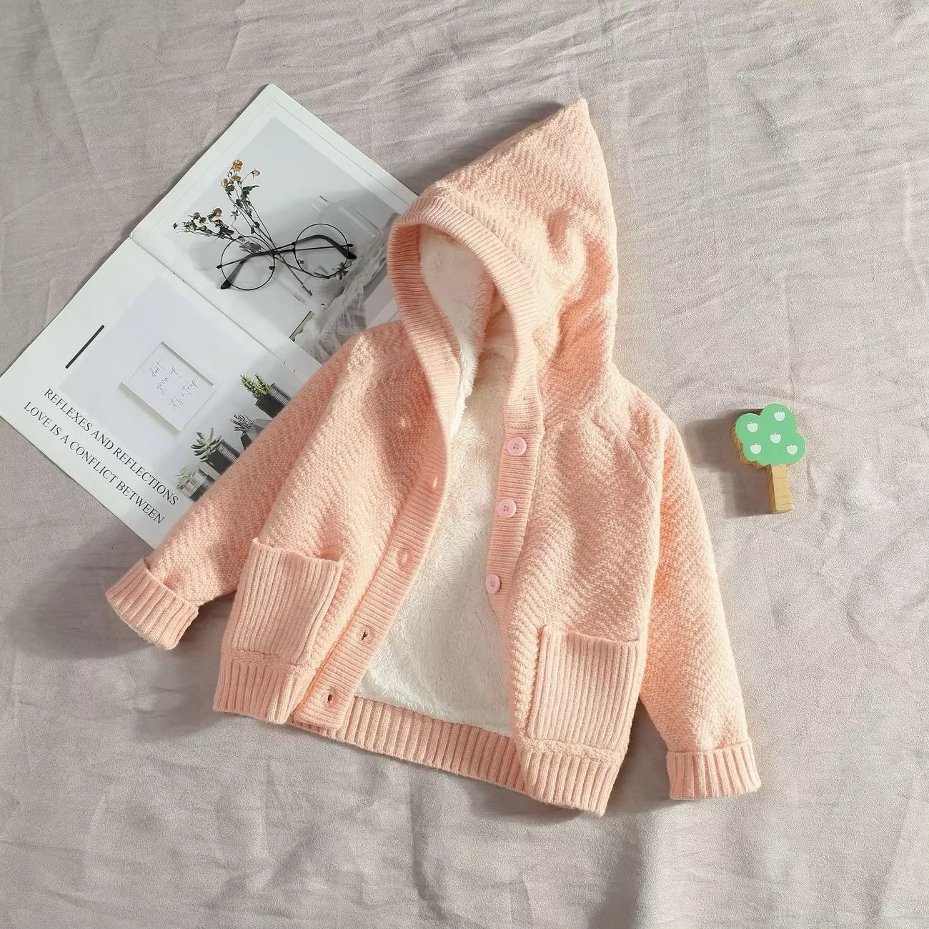 Autumn Winter Kids Fleece Lined Hooded Cardigan Boys Girls Thick Warm Knitted Coat Toddler Baby Outerwear Children Clothing