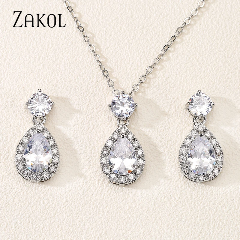 ZAKOL Luxury Geometric Water Drop Cubic Zirconia Jewelry Sets for Women Exquisite Engagement Jewelry Wedding Jewellery Set