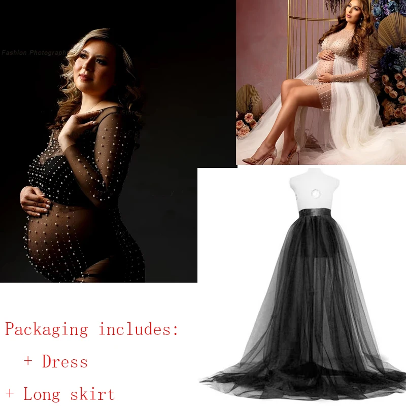 Maternity Photography Props Dress Transparent Tulle Pearl Pregnancy Dress baby shower dresses платье для беременных فساتين حوامل