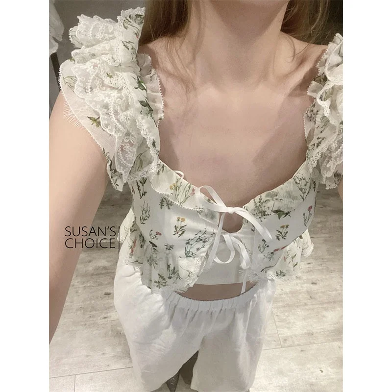 Top Curto com Detalhe em Renda Verde Estilo Doce Moda Fena Design de Nó  Csa Casual Visual Fresco Roupas de Susan