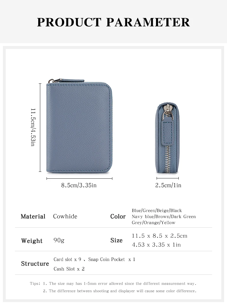 Genuine Leather Small Accordion Card Cases Holder For Women RFID Blocking Zipper Credit Card Wallet with Coin Pouch 2 Cash Slot