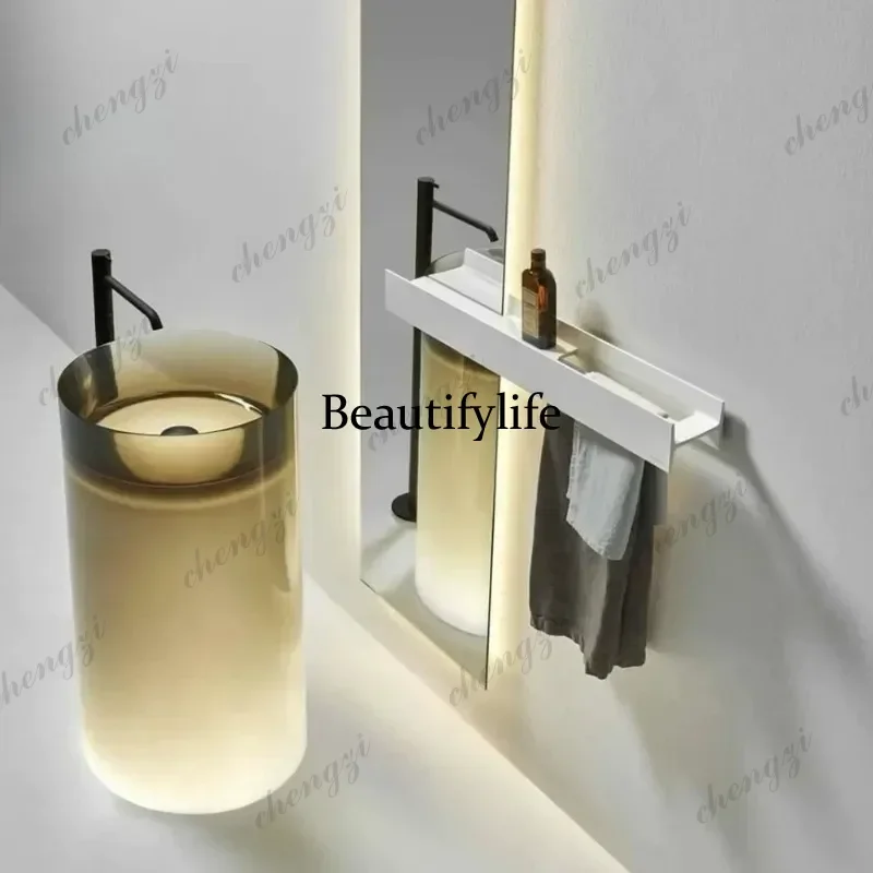 Pink transparent resin luminous floor-to-ceiling hand washing column basin  A17