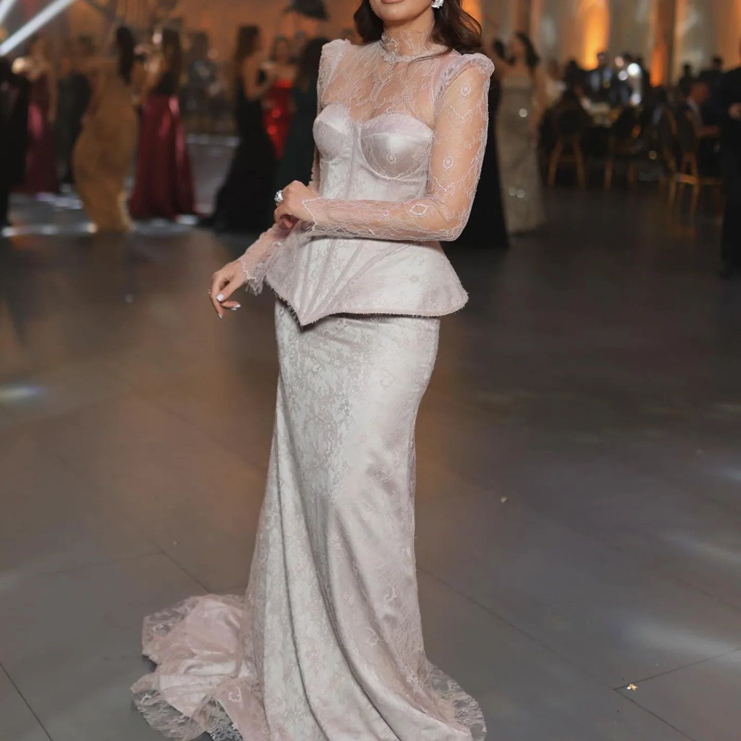 

FOLOBE High Neck Pink Lace Evening Dresses Elegant Full Sleeve Mermaid Prom Gowns for Women Wedding Dress Customized