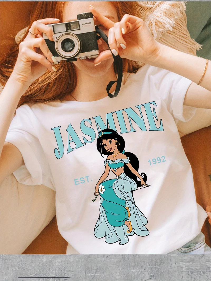 Disney Jasmine Princess Retro 1992-Muster Damen-Kurzarm-T-Shirt Schwarz Lässiges Rundhals-Stretch-Stoff Tägliches Partykleid