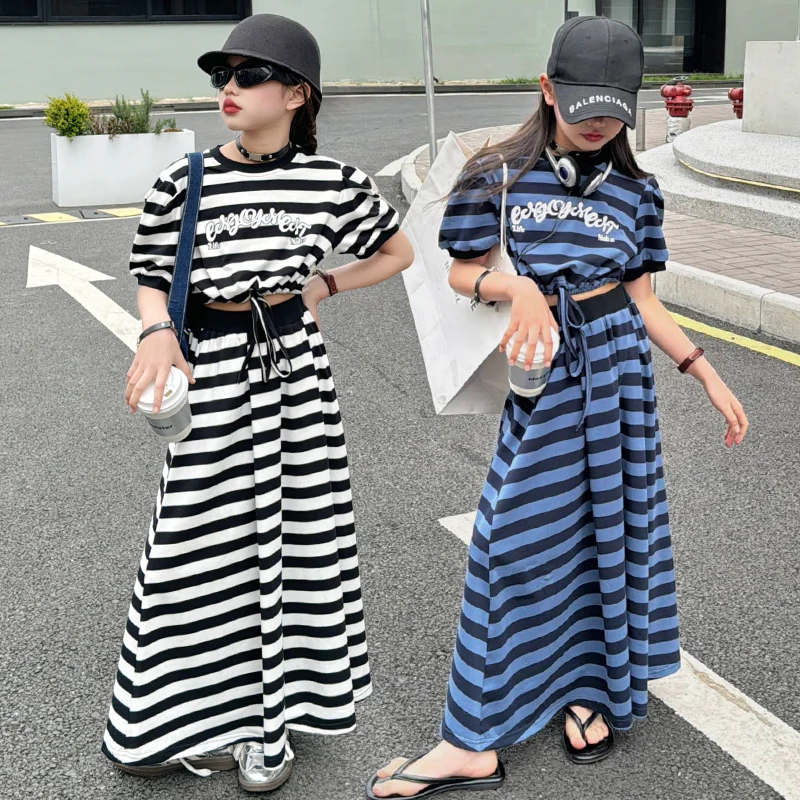 

Casual junior Girls Stripe skirt set 2024 Summer Short Sleeve t-shirt A-line long Skirt 2pcs teenager kids suit children outfits